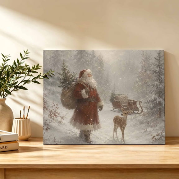 Christmas Winter Canvas Wall Art, Classic Vintage Santa Claus Deer Sleigh Pine Wall Art Prints Artwork Framed Canvas Ready to Hang Art Pictures for Bathroom, Dressing Table, Entryway 12" x 8"