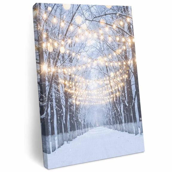 Christmas Winter Canvas Wall Art for Living Room, Rustic Snow Covered Road String Lights Tree Poster Print Painting for Open Concept Living Space Decoration Wall Pictures Prepare To Hang 20"x30"