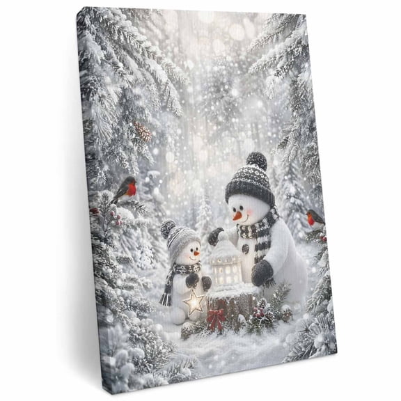 Christmas Winter Canvas Wall Art for Living Room, Rustic Snowmen Red Bird Green Pine Tree Poster Print Painting for Bedroom Office Home Decoration Wall Pictures Prepare To Hang 16"x24"