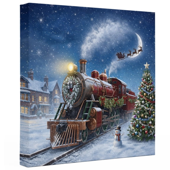 Christmas Winter Canvas Wall Art for Living Room, Vintage Country Red Train Snowman Pine Tree Poster Print Painting for Nightstand Bathroom Collage Decoration Wall Pictures Prepare To Hang 8"x8"