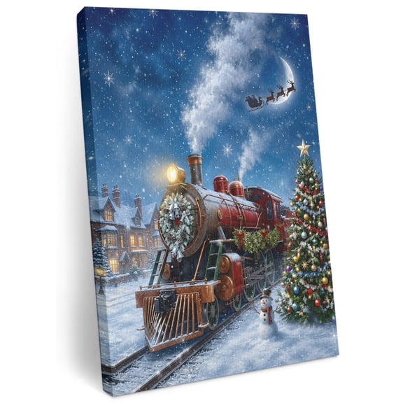 Christmas Winter Canvas Wall Art for Living Room, Vintage Country Red Train Snowman Pine Tree Poster Print Painting for Small Bedroom Mini Dining Area Decoration Wall Pictures Prepare To Hang 11"x14"