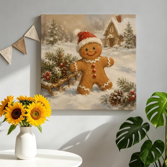 Christmas Winter Canvas Wall Art, Rustic Man Santa Hat Snow Pine Trees Pictures Wall Decor Wooden Framed Artwork Art Prints for Living Room Hallway Bedroom Office 8"x8"
