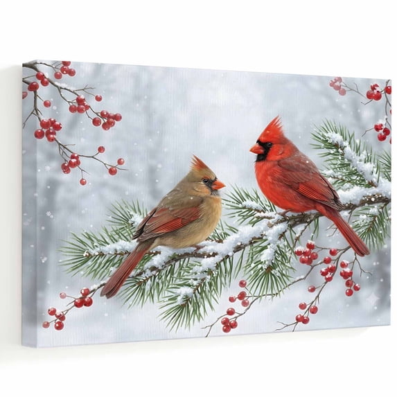 Snowflake Table View Christmas Winter Canvas Wall Art, Rustic Red Yellow Cardinal Berry Pine ...