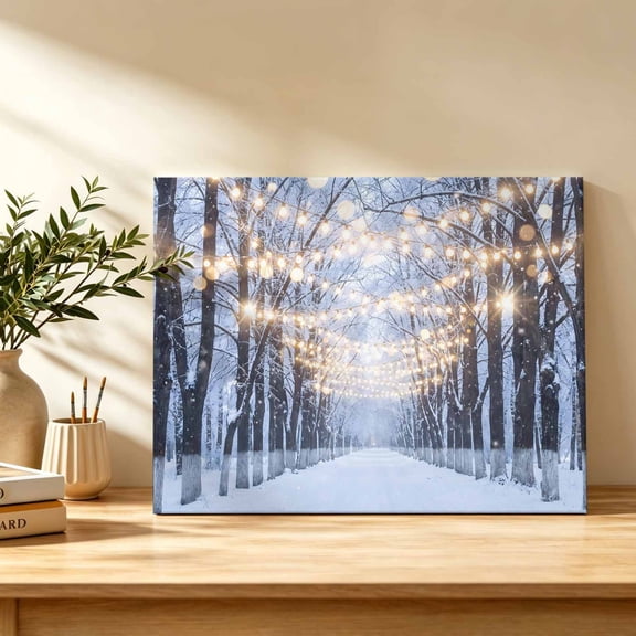 Christmas Winter Canvas Wall Art, Rustic Snow Covered Road String Lights Tree Wall Art Prints Artwork Framed Canvas Ready to Hang Art Pictures for Bathroom, Dressing Table, Entryway 12" x 8"