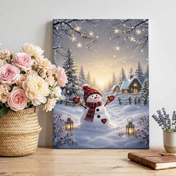 Christmas Winter Canvas Wall Art, Rustic Snowman Wooden Cabin Snowy Pine Trees Pictures Wall Decor Wooden Framed Artwork Art Prints for Living Room Hallway Bedroom Office 16"x24"