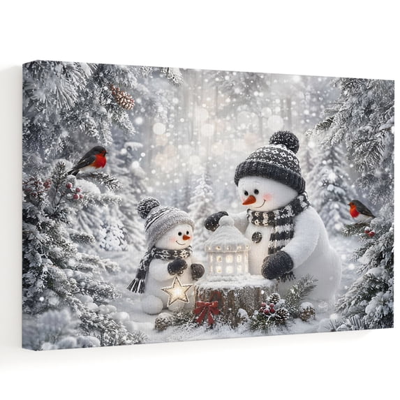 Christmas Winter Canvas Wall Art, Rustic Snowmen Red Bird Green Pine Tree Wooden‑Stretched Canvas Print Artwork, Home Wall Decor for Living Room Bedroom Office 14"Lx11"W