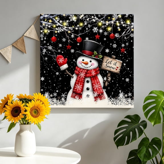 Christmas Winter Canvas Wall Art, Rustic Top Hat Scarf Snowman Gold Star Black Pictures Wall Decor Wooden Framed Artwork Art Prints for Living Room Hallway Bedroom Office 8"x8"
