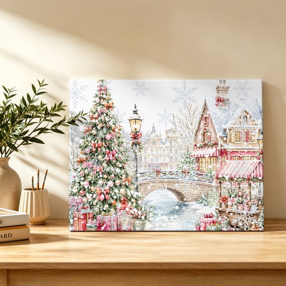 Christmas Winter Canvas Wall Art, Vintage Christmas Tree Stone Bridge over River Wall Art Prints Artwork Framed Canvas Ready to Hang Art Pictures for Bathroom Bedroom Entry Desk Corner 10" x 8"