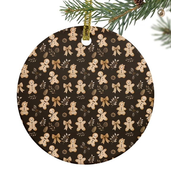 Christmas Winter Ceramic Ornament 3 Inch Rustic Brown Men Bows Pine Cones Round Porcelain Christmas Ornaments with Gold String for Holiday Party Xmas Tree Decor Gift for Friends Family