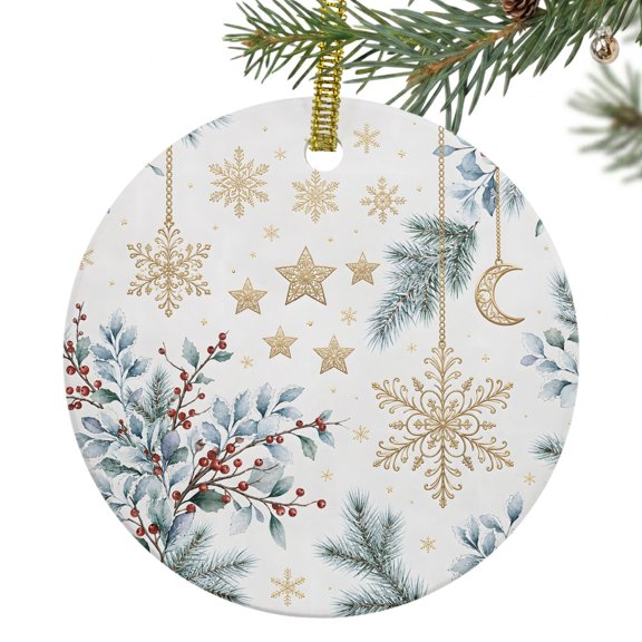 Christmas Winter Ceramic Ornament 3 Inch Rustic Gold Snowflake Holly Berry Pine Spring Round Porcelain Christmas Ornaments with Gold String for Holiday Party Xmas Tree Decor Gift for Friends Family