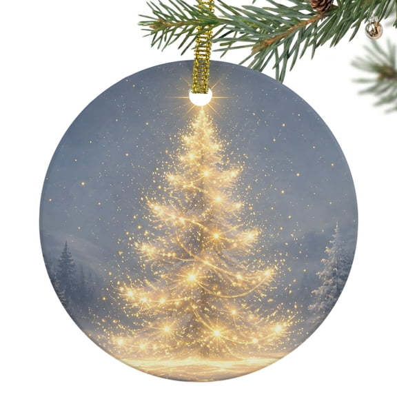 Christmas Winter Ceramic Ornament 3 Inch Rustic Gold Sparkling Christmas Tree Star Topper Round Porcelain Christmas Ornaments with Gold String for Holiday Party Xmas Tree Decor Gift for Family