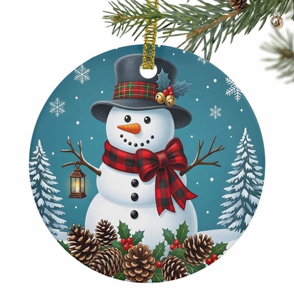 Christmas Winter Ceramic Ornament 3 Inch Rustic Snowman Pinecone Snowflake Pine Tree Round Porcelain Christmas Ornaments with Gold String for Holiday Party Xmas Tree Decor Gift for Friends Family