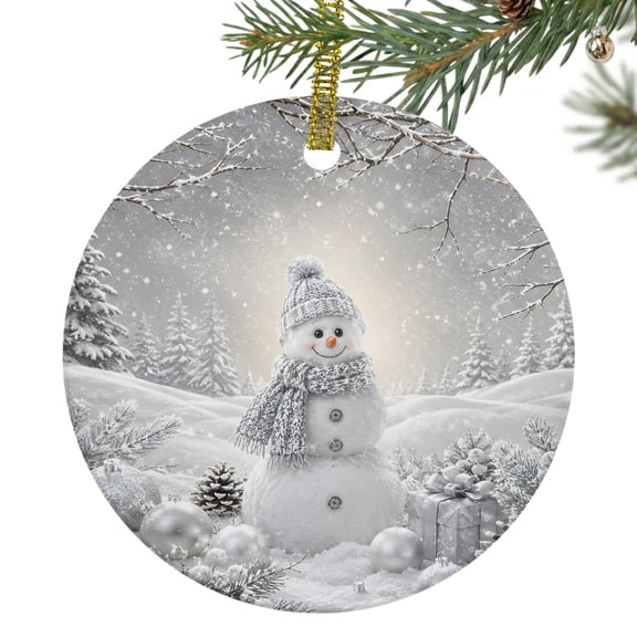 Christmas Winter Ceramic Ornament 3 Inch Rustic Snowman Pinecones Green Snowy Pine Tree Round Porcelain Christmas Ornaments with Gold String for Holiday Party Xmas Tree Decor Gift for Friends Family
