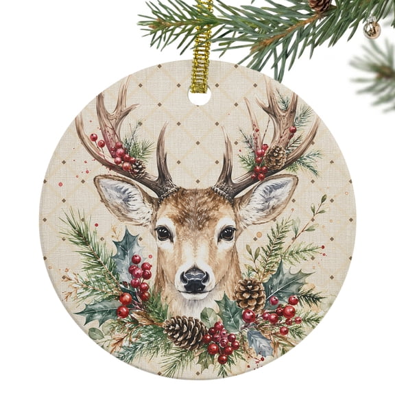 Christmas Winter Ceramic Ornament 3 Inch Rustic Stag Buck Head Pine Tree Holly Berry Beige Round Porcelain Christmas Ornaments with Gold String for Holiday Party Xmas Tree Decor Gift for Family