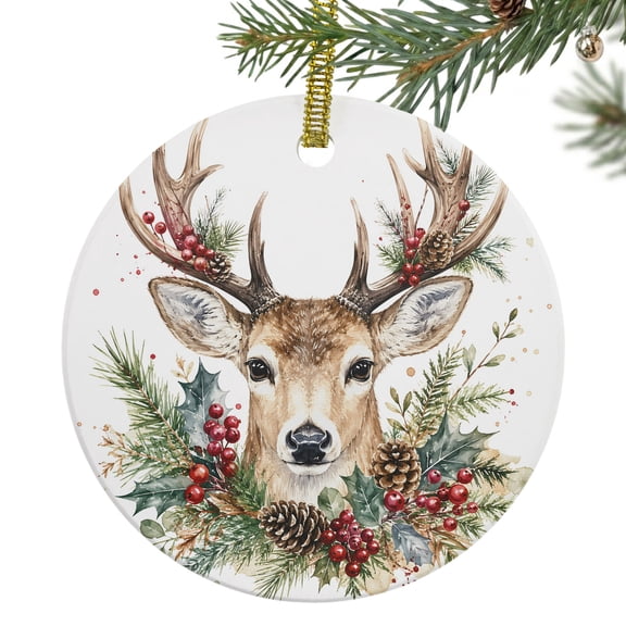 Christmas Winter Ceramic Ornament 3 Inch Rustic Stag Buck Head Red Holly Berry Pine Cone Round Porcelain Christmas Ornaments with Gold String for Holiday Party Xmas Tree Decor Gift for Friends Family