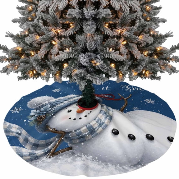 Christmas Winter Christmas Tree Skirt 36 Inch, Rustic Blue Knit Scarf Snowman Snowflake Navy Xmas Tree Skirt, Christmas Tree Mat Ornaments for Home New Year Party and Holiday Decor Supplies