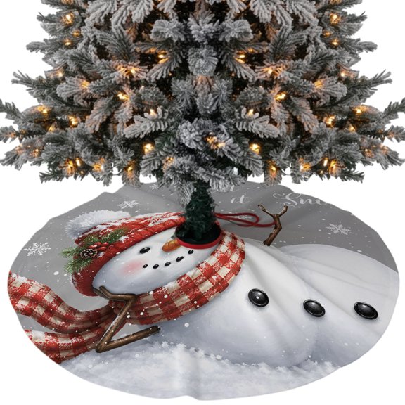 Christmas Winter Christmas Tree Skirt 36 Inch, Rustic Red Knit Scarf Snowman Snowflake Gray Xmas Tree Skirt, Christmas Tree Mat Ornaments for Home New Year Party and Holiday Decor Supplies