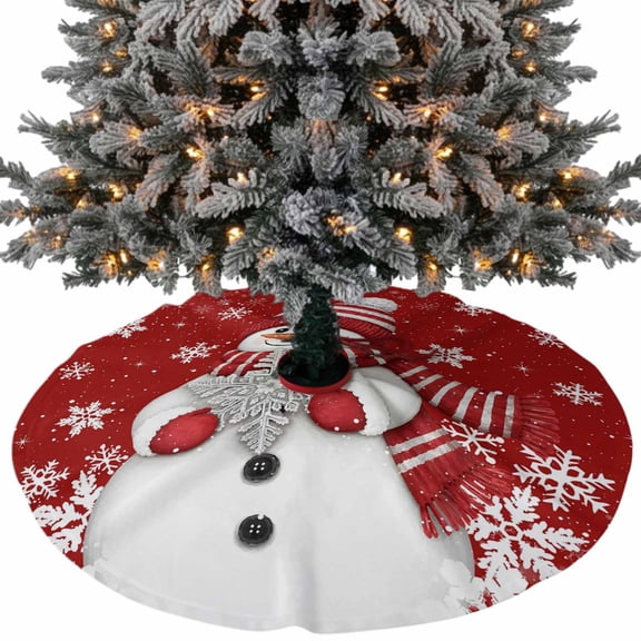 Christmas Winter Christmas Tree Skirt 48 Inch, Rustic Red Striped Hat Scarf Snowman Snowflake Xmas Tree Skirt, Christmas Tree Mat Ornaments for Home New Year Party and Holiday Decor Supplies