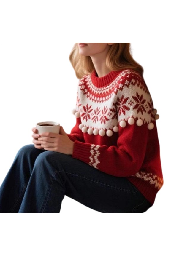Christmas Winter Cold Season Sweater for Women Snowflake Pom-Poms Crewneck Holiday Knitted Sweater Fashion Clothes for Travel