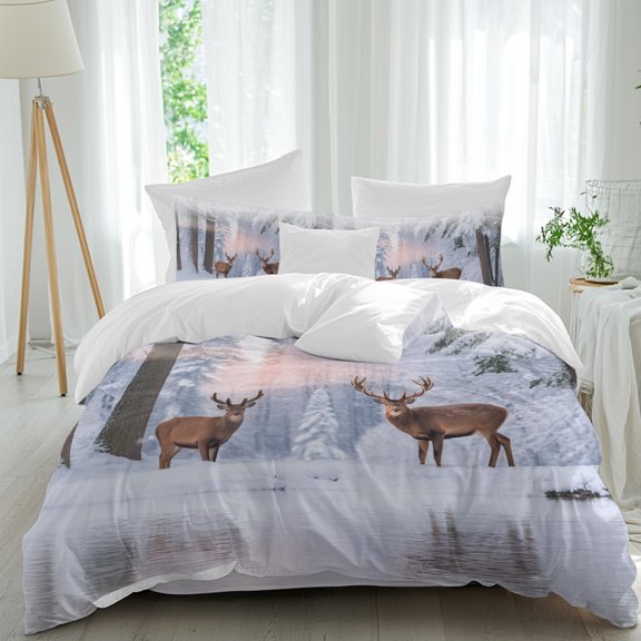 Christmas Winter Comforter Set Queen Size, Elk Snowflake Tree Scenery Decoration Soft Bedding Set for Man Woman, 4 Pieces Duvet Cover Set with Fitted Sheet, 2 Pillowcases