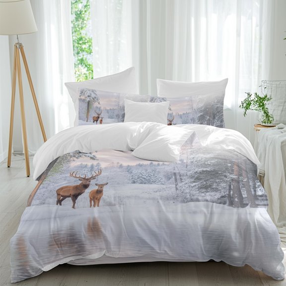 Christmas Winter Comforter Set Twin Size, Snowflake Elk Scenery Retro Decoration Soft Bedding Set for Man Woman, 4 Pieces Duvet Cover Set with Fitted Sheet, 2 Pillowcases