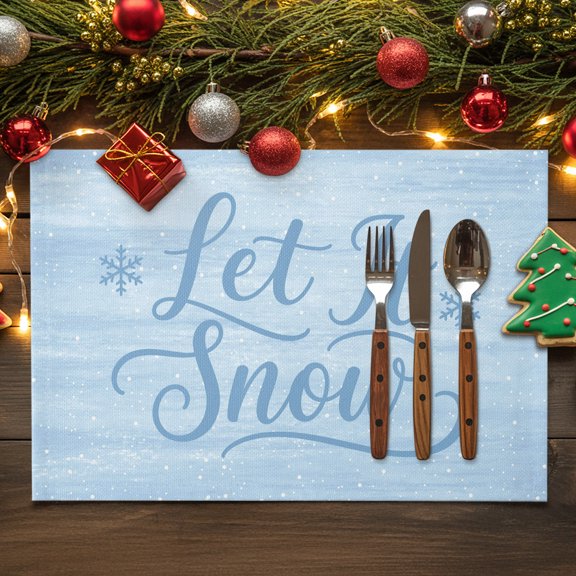 Christmas Winter Cotton Linen Placemats Set of 1, Modern Blue Cursive Script Snowflake Ice Crystals Washable Table Place Mats Heat Insulating Placemat for Dining Room Kitchen Daily Use 13 x 19 Inch