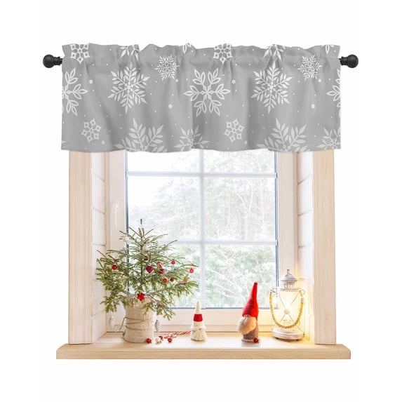 Christmas Winter Curtain Valance for Windows/Living Room/Kitchen/Bathroom/Café, Short Rod Pocket Tier Curtain Window Treatment Panel Xmas Snowflake Holiday Grey Topper Curtain 42''x18''