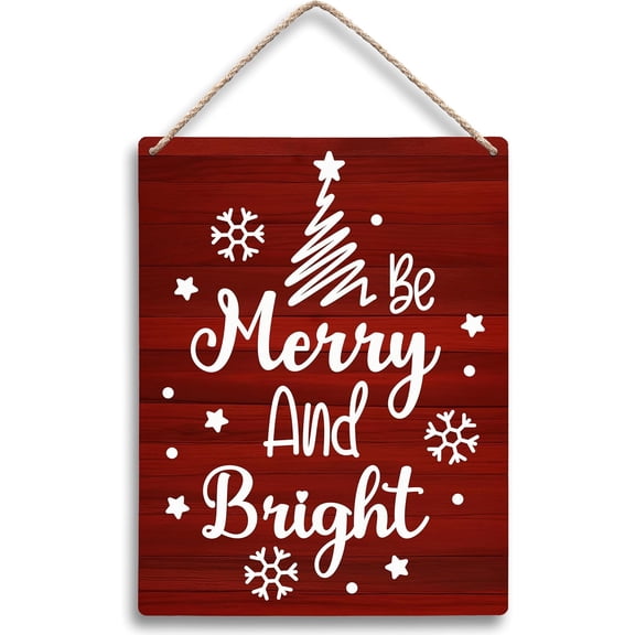 Christmas Winter Decor 12 x 8 Inch - Merry and Bright Red Rustic Wooden Hanging Plaque, Christmas Wall Art, Perfect for Holiday Decor & Home Gatherings