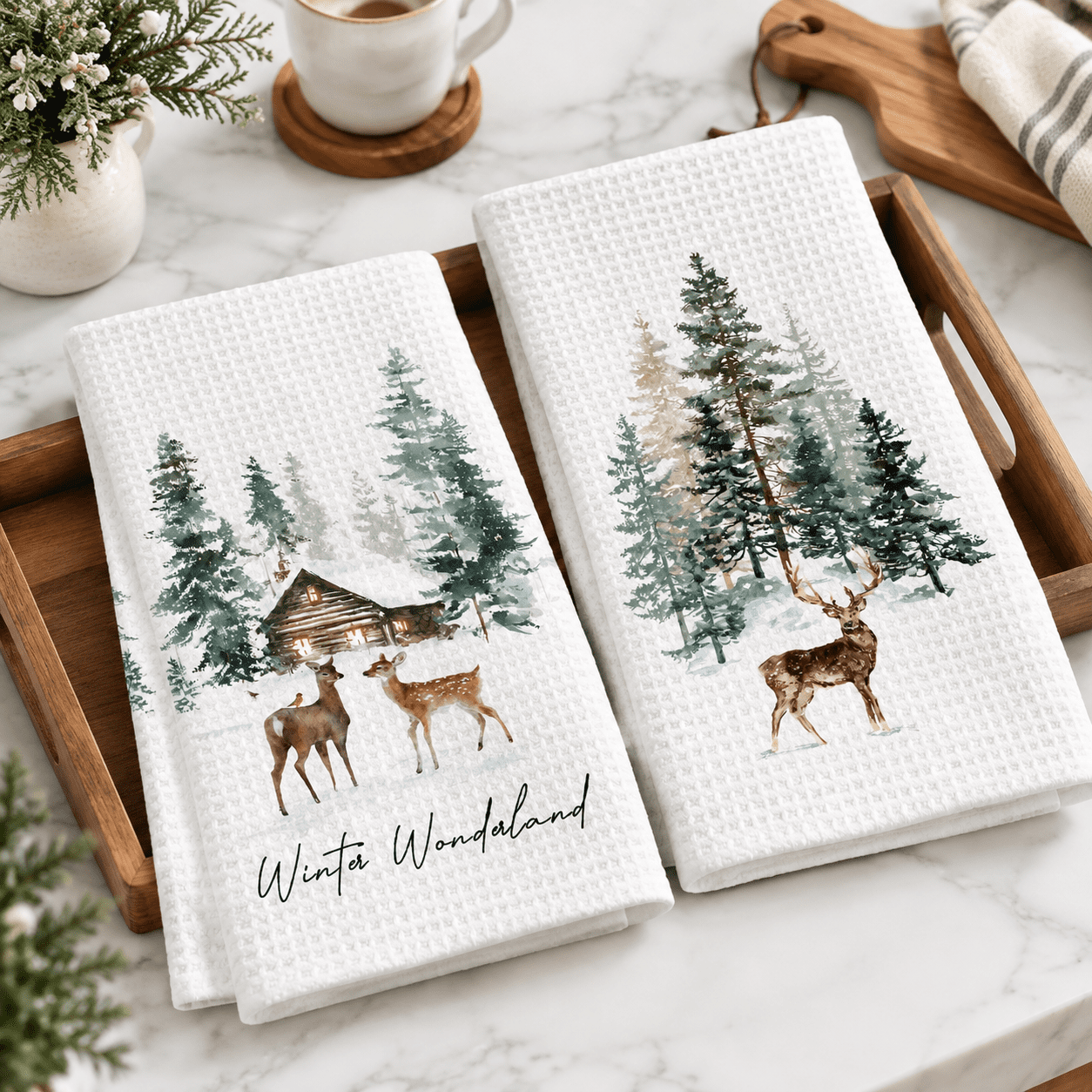 Winter Main Course Christmas Winter Deer Kitchen Towels Set Of 2 Cabin Forest Hand Xmas ...