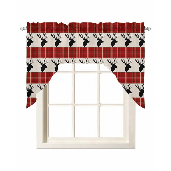 Christmas Winter Deer Swag Valances for Windows, Small Curtains Drapes, Red Classic Check Retro Vintage Kitchen Window Curtains Over Sink Window Treatment Valance for Bedroom/Bathroom 56"x36"