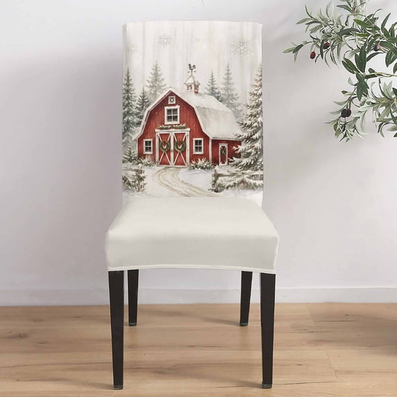 Christmas Winter Dining Chair Covers Set of 4, Farmhouse Country Red Barn Snow Pine Trees Chair Covers for Dining Room Removable Seat Protectors Slipcovers for Home Party Wedding Banquet
