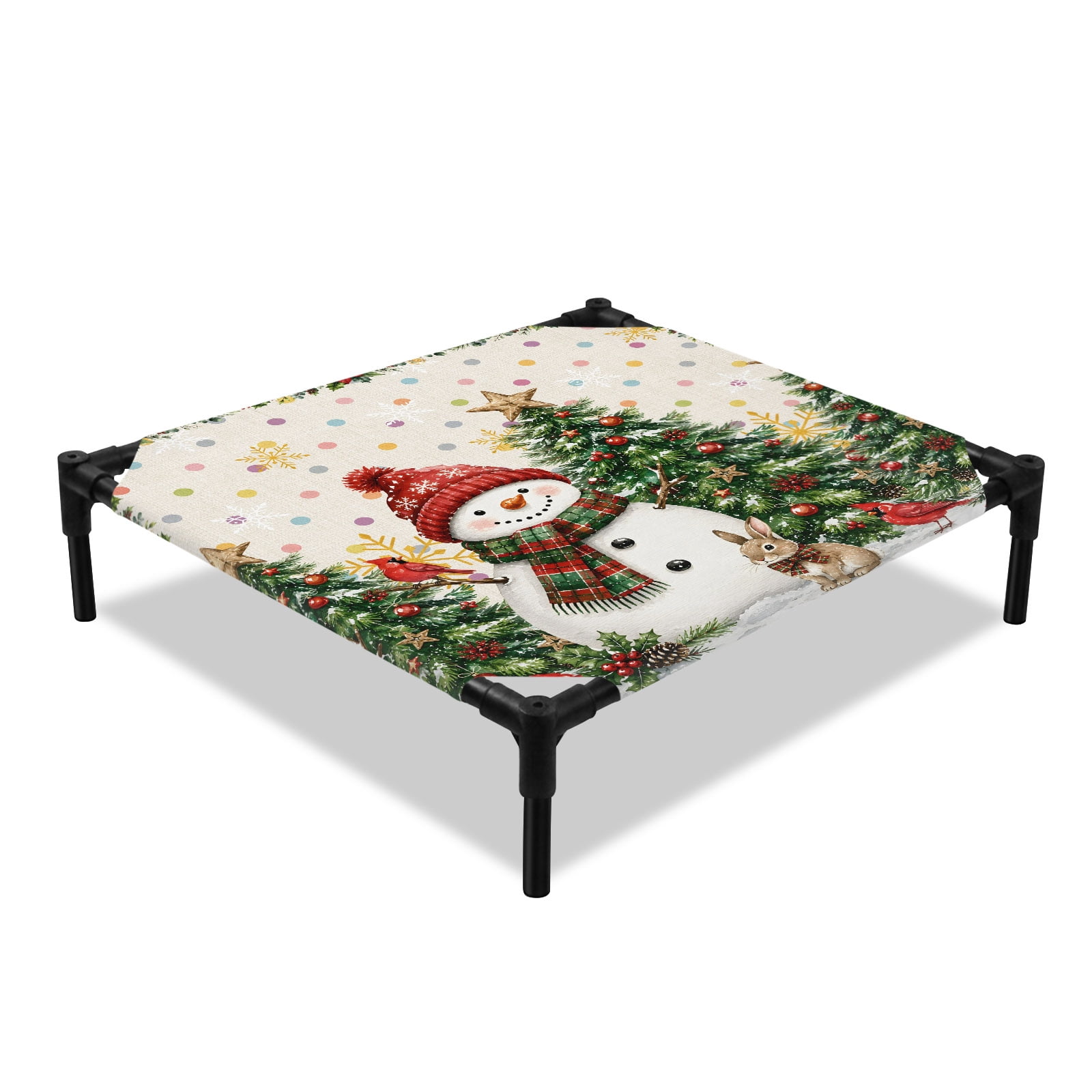 Christmas Winter Elevated Dog Bed, Snowman Rabbit Bird Green Christmas ...