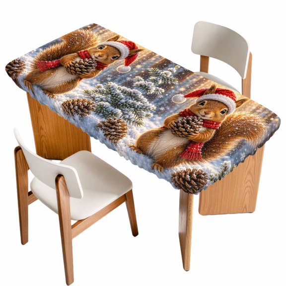 Christmas Winter Fitted Rectangle Tablecloth 24" x 36" Rustic Red Santa Hat Squirrel Pinecone Wildlife Elastic Table Cloth Fits for 3 Foot Folding Tables Waterproof Table Cover for Picnic Camping