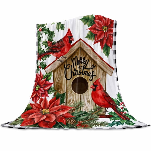 Christmas Winter Flannel Blanket for Bed,Travel and Camping, Cardinal Flowers Bird Poinsettia Log Cabin Super Soft Cozy Blanket for All Seasons 50" x 80"