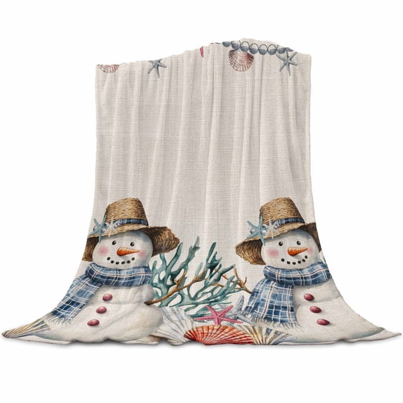 Christmas Winter Flannel Blanket for Bed,Travel and Camping, Snowman Coral Shell Beige Linen Super Soft Cozy Blanket for All Seasons 60"x80"