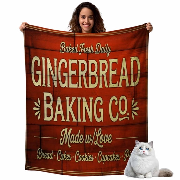 Christmas Winter Fleece Throw Blanket Lightweight Ginger Bread Retro Red Black Wood Broad Fuzzy Flannel Throws Super Soft Cozy Flannel Blanket for Couch, Sofa, Bed, Travel 50"x80"