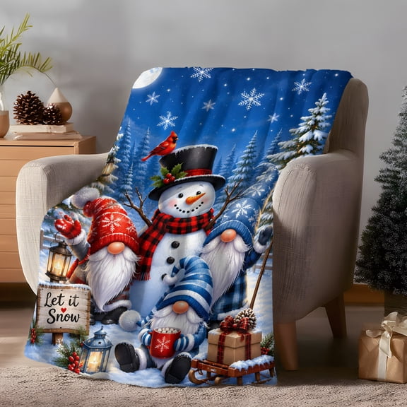 Christmas Winter Fleece Throw Blanket Lightweight Rustic Blue Gnomes Snowman Full Moon Gift Box Fuzzy Flannel Throws Super Soft Cozy Flannel Blanket for Couch, Sofa, Bed, Travel 30"x40"