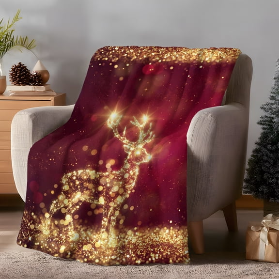 Christmas Winter Fleece Throw Blanket Lightweight Whimsical Gold Reindeer Light Star Sparkle Fuzzy Flannel Throws Super Soft Cozy Flannel Blanket for Couch, Sofa, Bed, Travel 30"x40"