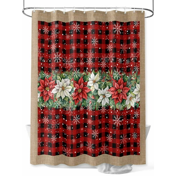 Christmas Winter Floral Shower Curtain Set ，Waterproof Fabric Shower Curtains Poinsettia Red Flower Leaf Plaid Shower Curtains for Bathroom,Bathroom Decor 60"x72"