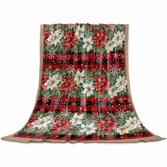 Christmas Winter Floral Throw Flannel Blanket 32x48In Poinsettia Red Flower Leaf Plaid Super Soft Cozy Bed Blanket, Lightweight Plush Fuzzy Bed Throw for Bedroom Sofa Couch Living Room