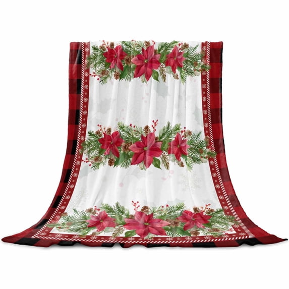 Christmas Winter Floral Throw Flannel Blanket 32x48In Poinsettia Red Flower Plaid Super Soft Cozy Bed Blanket, Lightweight Plush Fuzzy Bed Throw for Bedroom Sofa Couch Living Room