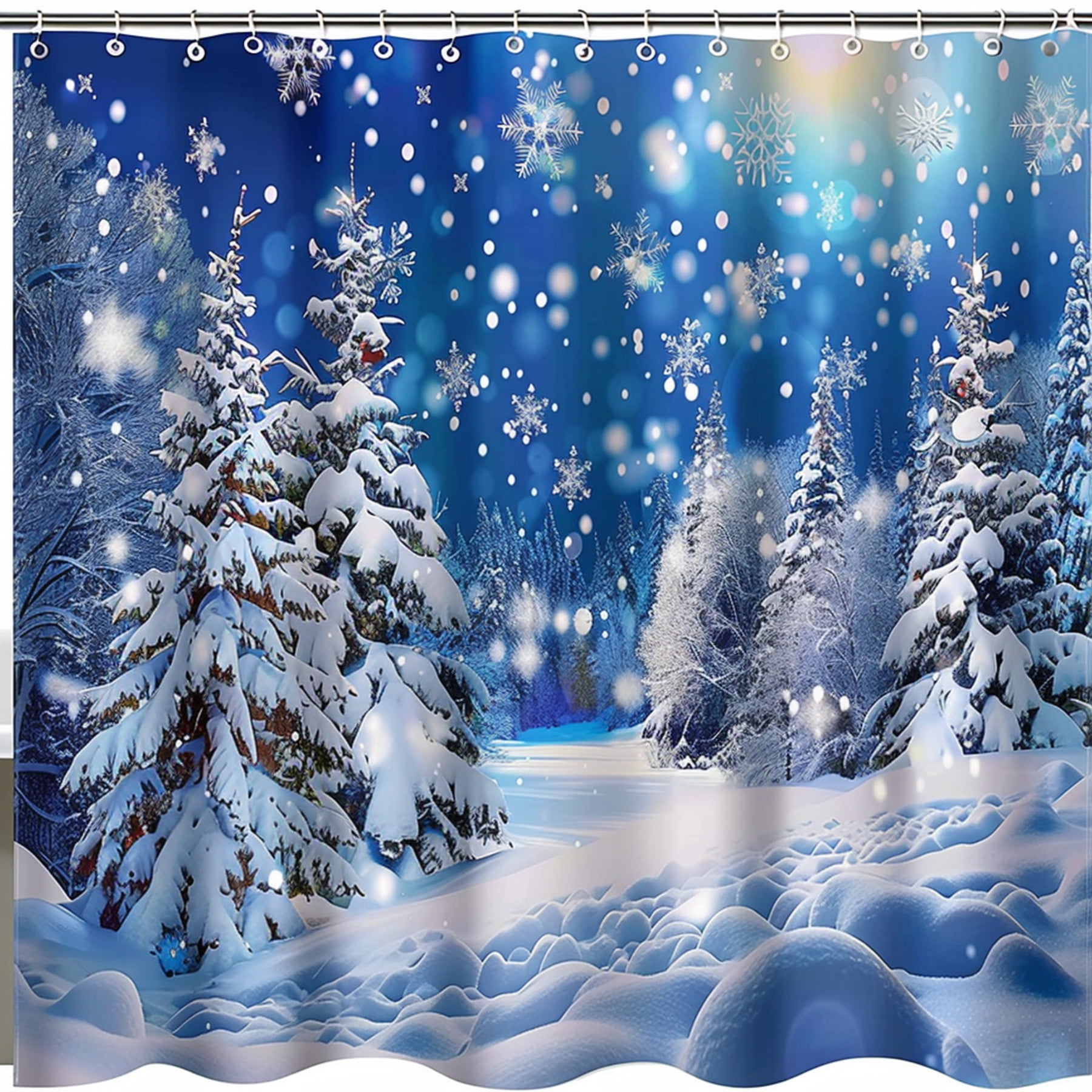 Christmas Winter Forest Shower Curtain Festive Snowy Scene for Joyous