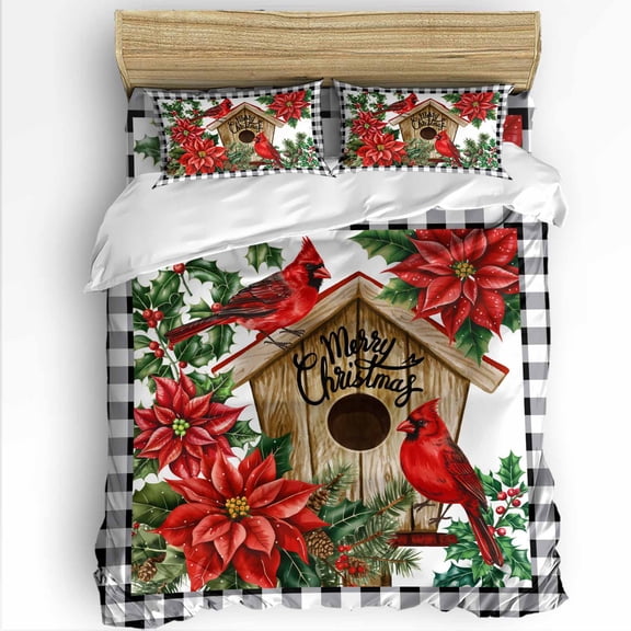 Christmas Winter Full Size Comforter Set, Cardinal Flowers Bird Poinsettia Log Cabin Soft Bedding for All Seasons, 4 Pcs Bed Set with 1Comforter (86"x86") ,1 Sheet(80"x116"), 2 Pillowcases (19"x29")