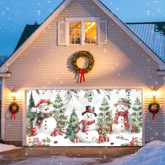 Christmas Winter Garage Door Banner Covers, Snowman Xmas Tree Poinsettia Eucalyptus Large Hanging Indoor/Outdoor Backdrop Background for Christmas Winter Party Decor, 6.9x8 FT