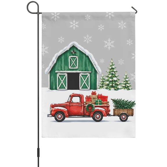 Christmas Winter Garden Flag 12 x 18 Inches, Farmhouse Green Barn Red Truck Pine Tree Gray Weather Proof Outdoor Patio Flags Double Sided Small Garden Decoration for Yard Outside Home