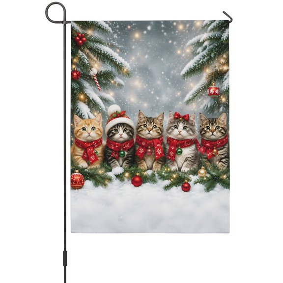 Christmas Winter Garden Flag 12 x 18 Inches, Rustic Cat Red Scarf Christmas Tree Pine Cone Weather Proof Outdoor Patio Flags Double Sided Small Garden Decoration for Yard Outside Home