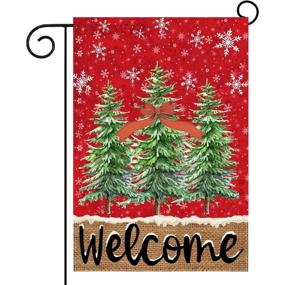 Christmas Winter Garden Flag 12x18 Inch Double Sided Burlap Welcome Flag, Rustic Pine Tree and Snowflakes Outdoor Yard Flag for Holiday Winter Décor