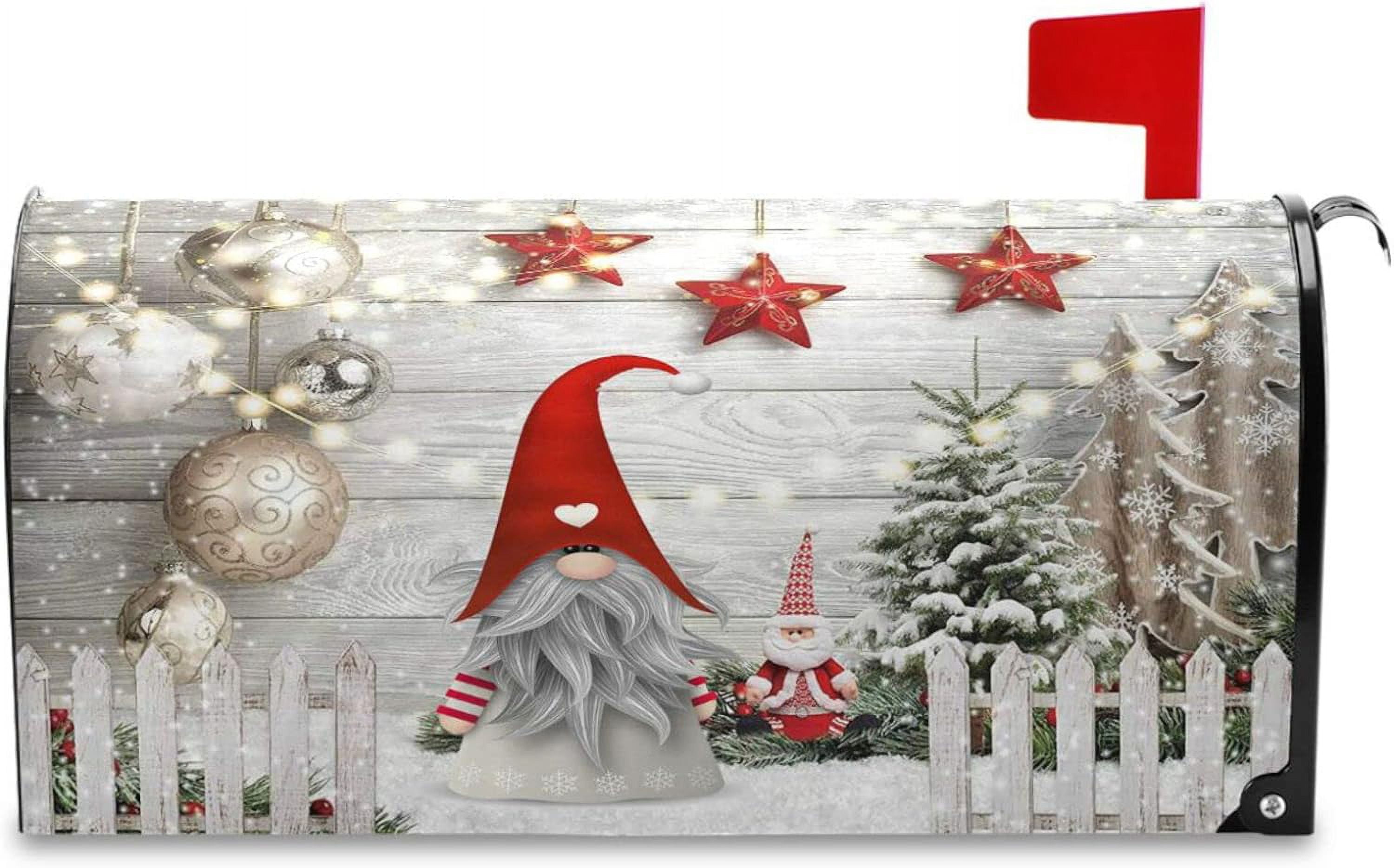 Christmas Winter Gnome Mailbox Covers Magnetic Xmas Tree Balls Mailbox Cover Wraps Standard Size 18"X21" Post Letter Box Cover Garden Decorations