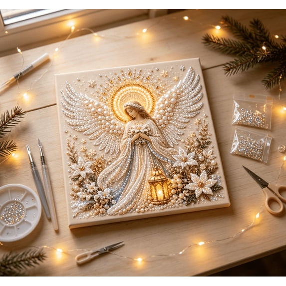 Christmas Winter Holiday DIY Rhinestone Diamond Painting Kit Angel With Pearl Wings Blooms Glowing Lantern for Tabletop Festive Home Art Decoration