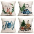thumbnail image 1 of Christmas Winter Joy Pillow Covers 18x18 Inch Blue Truck with Farmhouse Green Trees Snowflake Jingle Bells Deer Holiday Home Decor Throw Pillow Cases Cotton Linen Set of 4 Xmas Gifts, 1 of 5